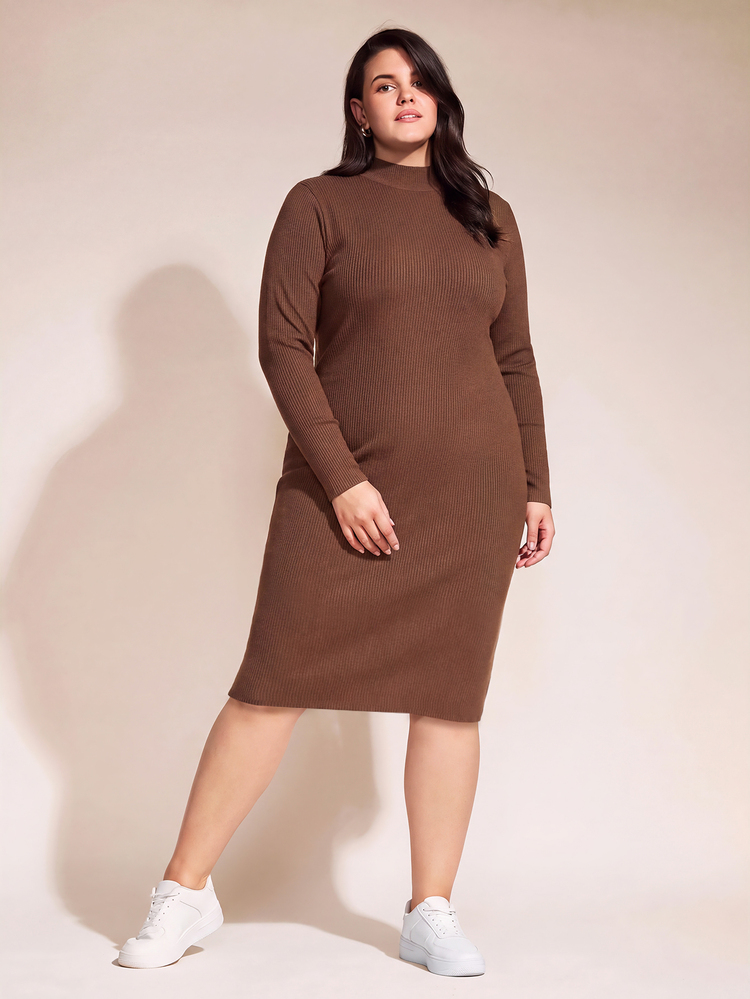 SHEIN BASICS 大尺碼女款素色立領長袖修身優雅針織洋裝 - 咖啡棕 - 查看 7