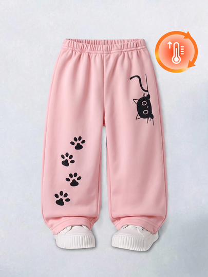 SHEIN Baby Girl Cat Pattern Casual Daily Outing Long Pants,Halloween,Pink Pantalon,Black Cat,Sweat Pants
