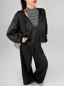 DAZY Women's Striped Halter Tank Top And Long Sleeve Hooded Sweatshirt With Loose Pants Sports Set - Black - View 1