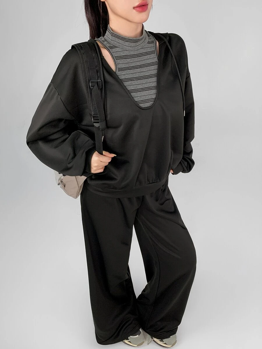 DAZY Women's Striped Halter Tank Top And Long Sleeve Hooded Sweatshirt With Loose Pants Sports Set - Black - View 1
