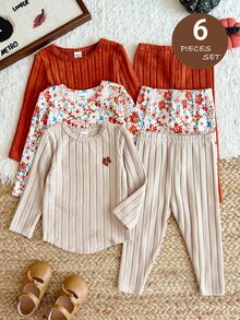 LMoss Kids 女嬰針織素色花卉圓領T恤與長褲6件套 - 彩色 - 查看 1