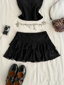 Attitoon Women's Casual Ultra Low Waist Lace Mini Skirt, Vintage, Y2K Style - Black - View 2