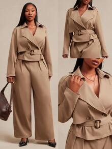 SHEIN SXY Plus Size Women's Solid Color Long Sleeve Jacket And Wide Leg Pants Casual Suit 2 Pieces Set - Khaki - View 2