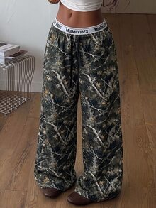 SHEIN 青少年女孩秋季時尚街頭風樹枝迷彩印花針織中低腰長褲 - 彩色 - 查看 2