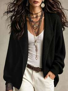 SHEIN Waterfall Collar Drop Shoulder Cardigan - Black - View 7