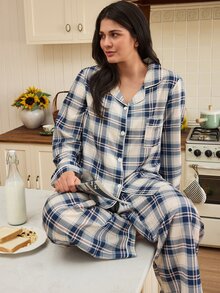 Doze Lane Minimalist Classic Plaid Long Sleeve Pajama Set, Comfortable Casual Loungewear 2 Pieces Set - Multicolor - View 1