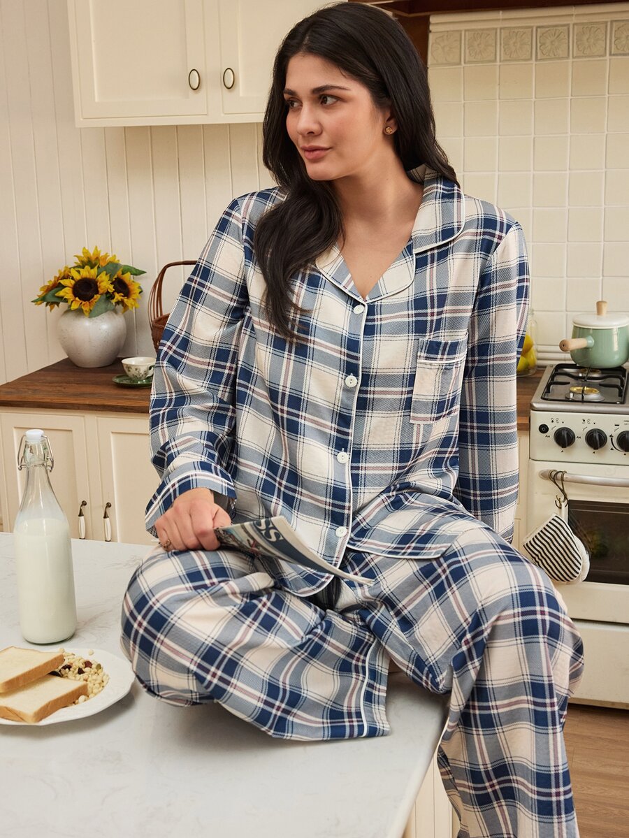 Doze Lane Minimalist Classic Plaid Long Sleeve Pajama Set, Comfortable Casual Loungewear 2 Pieces Set - Multicolor - View 1