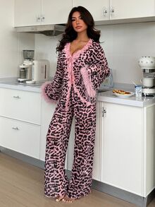 ZzzCrew Hot Girl Pink Leopard Print Sheer 3 Pieces Loungewear Set, Adjustable Spaghetti Strap Lace Bralette, Fuzzy Cuff Sun Protection Cardigan, Drapey Wide Leg Pants, 3 Pieces Set - Multicolor - View 4