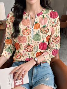SHEIN LUNE 女款全印花休閒百搭日常穿著長袖運動衫 - 白色 - 查看 4