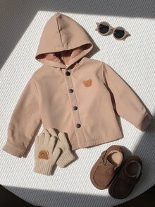 SHEIN 中性嬰兒男/女童、幼兒秋冬保暖內裡加厚休閒可愛連帽夾克外套，嬰兒冬季外套，填充外套，絎縫外套，抓絨 - 卡其色 - 查看 8