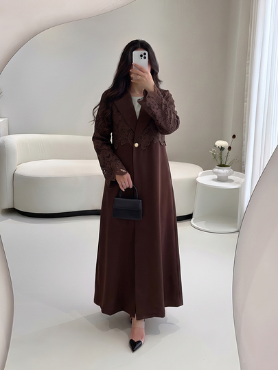 Al Najma Women's Autumn Vintage Lace Patchwork Blazer Collar Long Sleeve Long Abaya, Versatile For Outings, Daily Wear And Commuting