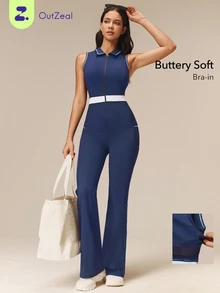 OutZeal One-Piece Women Outdoor Jumpsuit Casual Studio Bra-In Front Half Zip Flared Leg With Pockets - Navy Blue - View 1