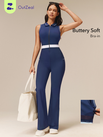 OutZeal One-Piece Women Outdoor Jumpsuit Casual Studio Bra-In Front Half Zip Flared Leg With Pockets