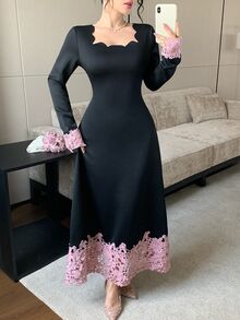 Feyla Women's Curved Square Neckline Contrast Lace Long Sleeve Elegant Midi Dress - Black - View 3
