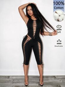 BamGleam 2026新款女款春夏秋性感修身純棉舒適上衣，純棉材質，前綁帶設計可提升胸部，時尚休閒風格 - 黑色 - 查看 5