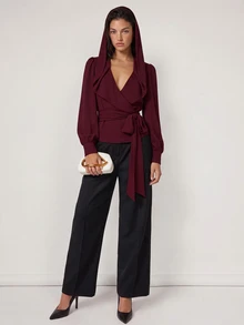COSMINA Women's Hooded Wrap Balloon Sleeve Long Sleeve Blouse Top - Burgundy - View 3