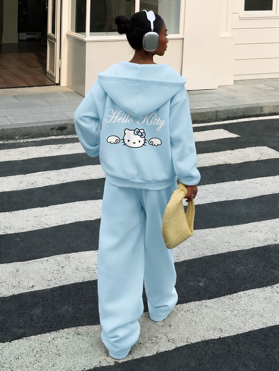 HELLO KITTY AND FRIENDS | SHEIN SHEIN EZwear 女款純色拉鍊連帽外套與長褲休閒日常套裝 - 彩色 - 查看 1