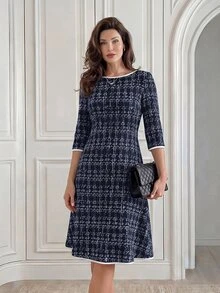 Medorina Women's Plaid Round Neck 3/4 Sleeve Elegant Mid-Length Dress - Navy Blue - View 4