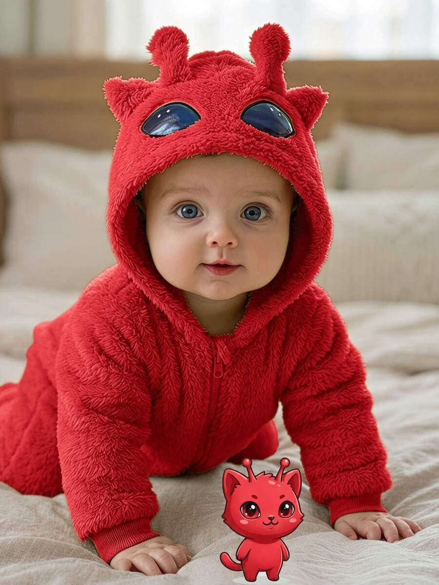 SHEIN Baby Boy Cartoon Pattern Casual Daily Long Sleeve Winter Jumpsuit - Red - View 1