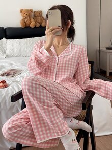 Napfluff Pink & White Plaid Trim Contrast Collar Long Sleeve Pants Pajama Set For Women - Pink - View 1