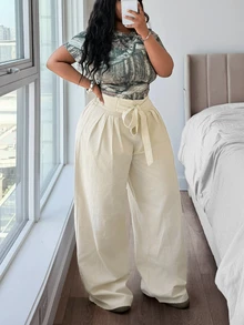 Rivivi Festival Plus Size Women's Apricot Non-Stretch Bow Waist Slim Straight Leg Jeans - Apricot - View 5