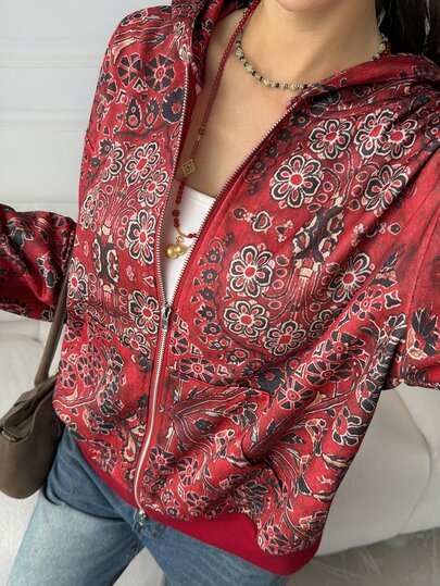 DAZY Red Pattern All-Over Print Loose Fit Long Sleeve Sweatshirt