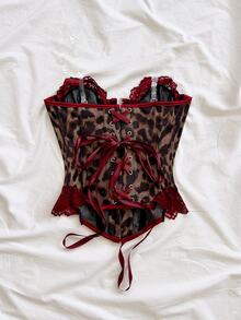 Soleia Atasan Bustier Wanita Motif Leopard dengan Kancing Depan dan Renda Kontras - Coffee Brown - View 2