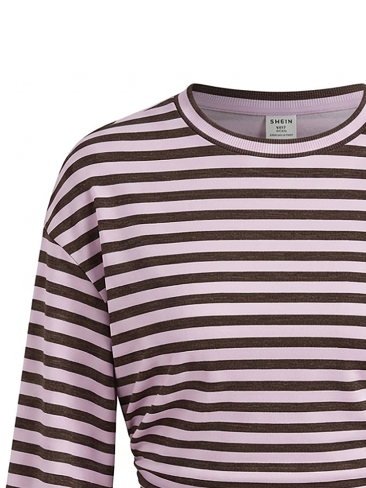 Pink Brown Striped, Teen Girls Fall/Winter Back To Basic Solid Color Pleated Asymmetrical Neck Long Sleeve Pullover - Multicolor - View 2