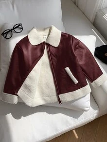 SHEIN 兒童小男孩加厚夾棉外套 冬季PU外套 抓絨加厚 秋冬衣款 拼接黑色皮革機車夾克 - 酒紅色 - 查看 4