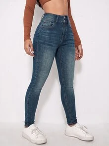 SHEIN Essnce 女款性感鈕扣口袋修身牛仔褲 - 深色水洗藍 - 查看 6