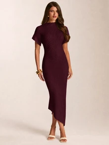 SHEIN BAE Korean Style Elegant Ribbed Knit Asymmetrical Bodycon Dress For Women Summer Slimming Fitted Stretch Body-Hugging Base Brunch Tea Party Off-White - Purple - View 5