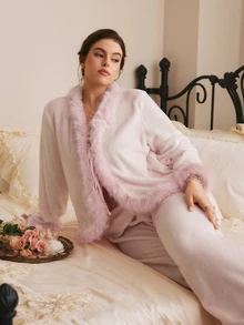 Côtesoire Plus Size Women's Shiny Velvet Striped Long Sleeve Pants Pajama Set - Dusty Pink - View 5