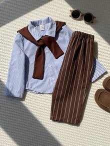 SHEIN 男嬰 4件組秋冬休閒學院風襯衫套裝，附披肩與腰帶，多件式冬季套裝，聖誕款 - 棕色 - 查看 3