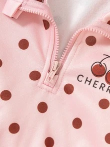 SHEIN 女童甜美粉色圓點半拉鍊運動衫與寬腿褲套裝，櫻桃厚抓絨內裡秋冬長袖上衣套裝 - 粉色 - 查看 10