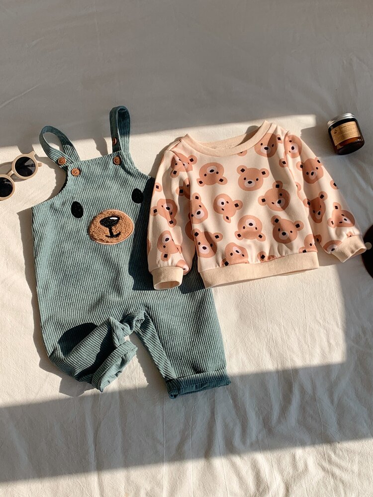 SHEIN 2pcs/Set Baby Boy Baby Girl Autumn/Winter Cartoon Bear Pattern Knitted Soft Crew Neck Long Sleeve Pullover Sweatshirt & Overalls Long Pants Cute Outfit Set, Sweatshirt Set, Overalls Set, Infant Outfit - Multicolor - View 3