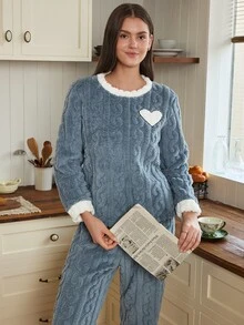 Doze Lane Five-Point Star Embroidered Contrast Color Autumn/Winter Plush Long Sleeve Long Pants Pajama Set - Dusty Blue - View 3