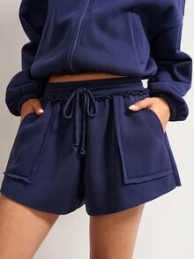 Bohemela Women's Solid Color Zip-Up Long Sleeve Top And Shorts Casual 2 Pieces Set - Navy Blue - View 4