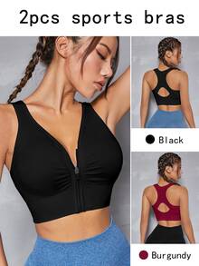 SHEIN Velisys 無縫女款運動內衣套裝，拉鍊抓皺運動內衣，健身瑜伽運動內衣，2件組 - 彩色 - 查看 1