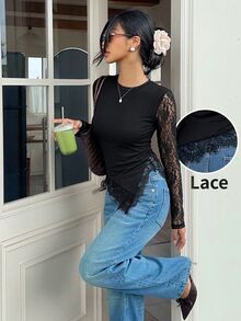 SHEIN Frenchy 女款蕾絲拼接性感約會長袖T恤，秋冬優雅正式奢華商務時尚基礎款，聖誕返校節慶適用 - 黑色 - 查看 9