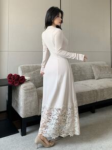 Feyla Ny fransk vintage elegant bodycon-klänning med hög hals, spetskant och patchwork, figursydd - Aprikos - Visa 6