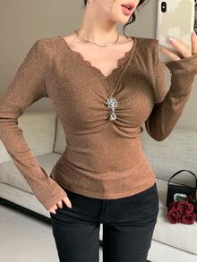 Feyla New Design Lace Patchwork V-Neck Slim Fit Flattering Elegant Base Layer Party T-Shirt Top - Brown - View 5