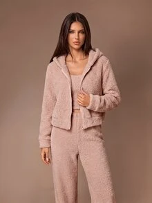 Lazeform Girls' Soft & Sweet Plush Long Sleeve Jacket, Vest & Pants 3 Pieces Loungewear Set - Coral Pink - View 7