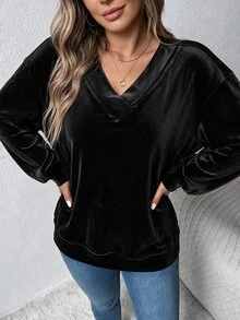 EMERY ROSE بلوزة رياضية فضفاضة كاجوال للنساء بمقاسات كبيرة، رمادية اللون، بياقة على شكل حرف V، بتصميم مضلع عريض، للخريف/الشتاء - الأسود - مشاهدة 4
