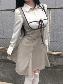 FRIFUL Women's Low-Cut Double-Row Denim Design Casual Suspenders Short Dress - Khaki - View 1
