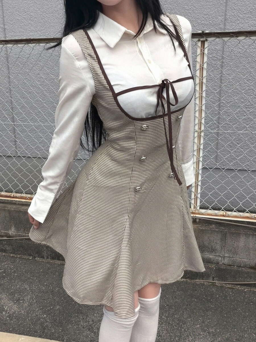 FRIFUL Women's Low-Cut Double-Row Denim Design Casual Suspenders Short Dress - Khaki - View 1