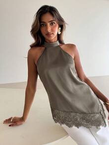 Aloruh Women's Sexy Lace Patchwork Asymmetrical Hem Blouse - Mocha Brown - View 7