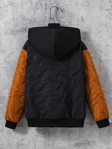 SHEIN 兒童青少年男孩休閒學院風拼接對比色連帽開襟厚實編織絎縫外套，適合通勤、上學、日常休閒、度假、旅行、運動，秋冬/冬季，黑色、棕色 - 黑色 - 查看 2