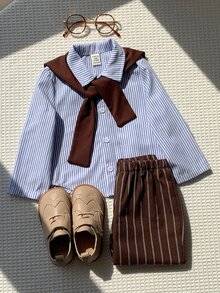 SHEIN 男嬰 4件組秋冬休閒學院風襯衫套裝，附披肩與腰帶，多件式冬季套裝，聖誕款 - 棕色 - 查看 7