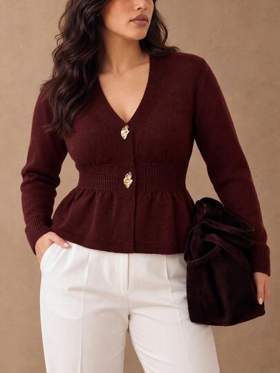 Juhart 1pc Women's Plus Size Vintage Elegant Cinched Waist Long Sleeve Solid Color Knit Cardigan With Metal Button Decor, Suitable For Daily Commute And Dating, Spring And Autumn