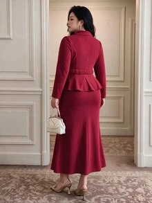 Vibekara Burgundy Suit Collar 2 Pieces Set, Party Dress With Cinched Waist Ruffle Top And Mermaid Skirt, Elegant Outfit - Burgundy - View 7